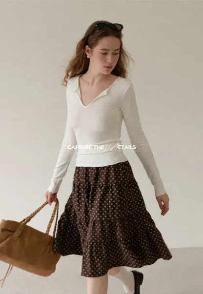 V Neck Long Sleeve Ribbed Knit Top