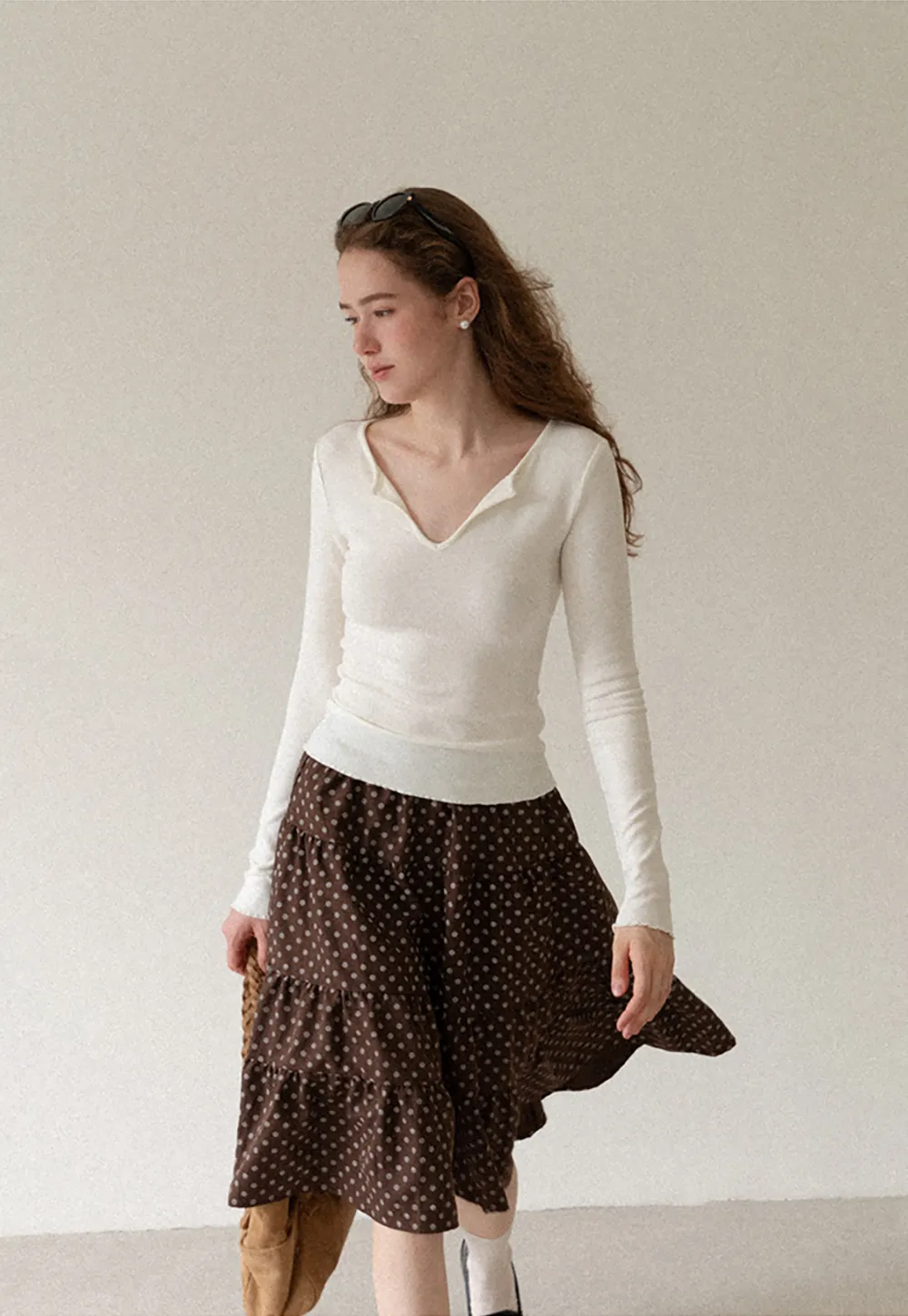 V Neck Long Sleeve Ribbed Knit Top
