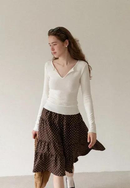 V Neck Long Sleeve Ribbed Knit Top