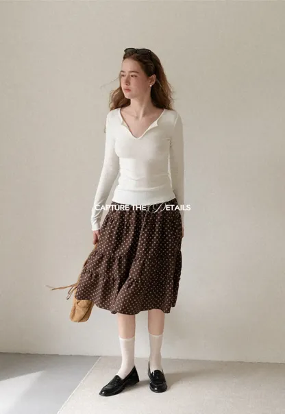 V Neck Long Sleeve Ribbed Knit Top