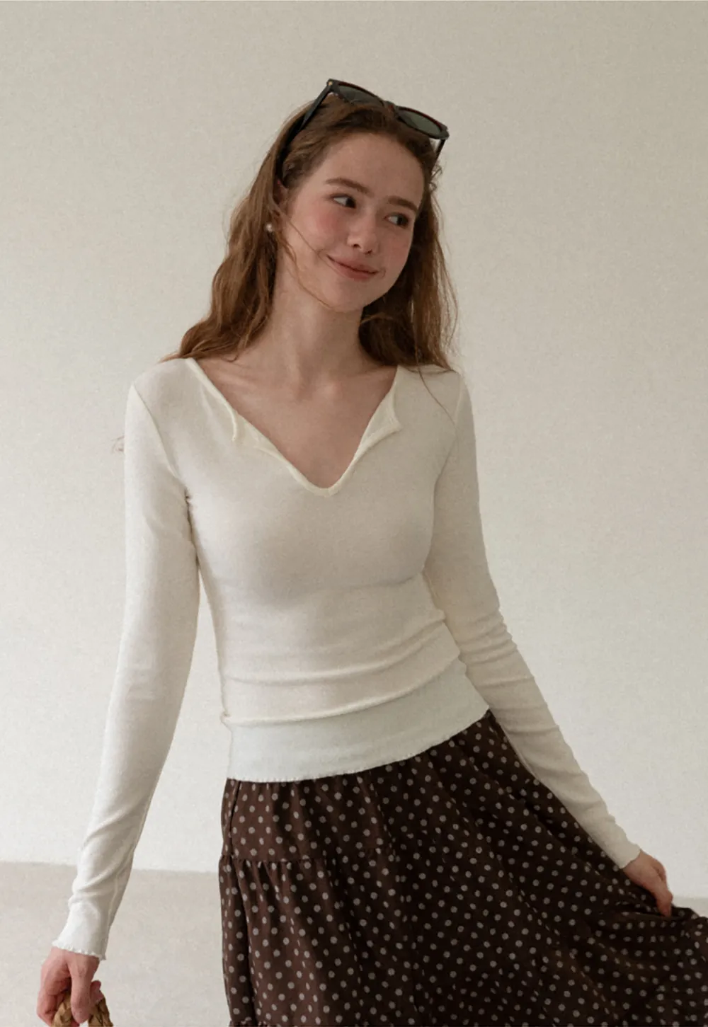 V Neck Long Sleeve Ribbed Knit Top