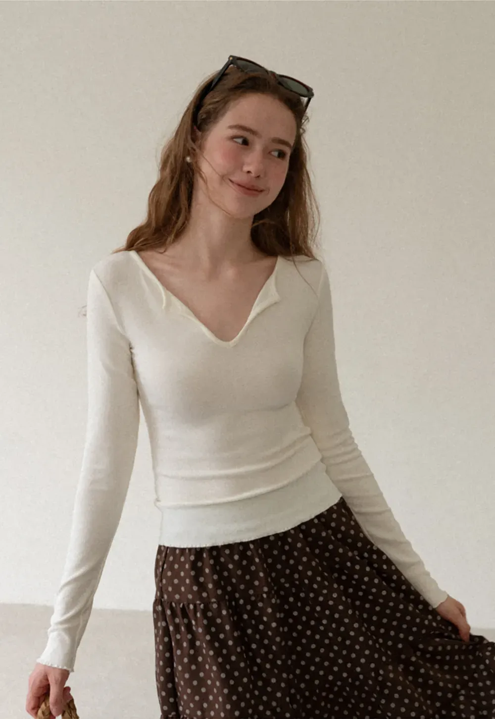 V Neck Long Sleeve Ribbed Knit Top