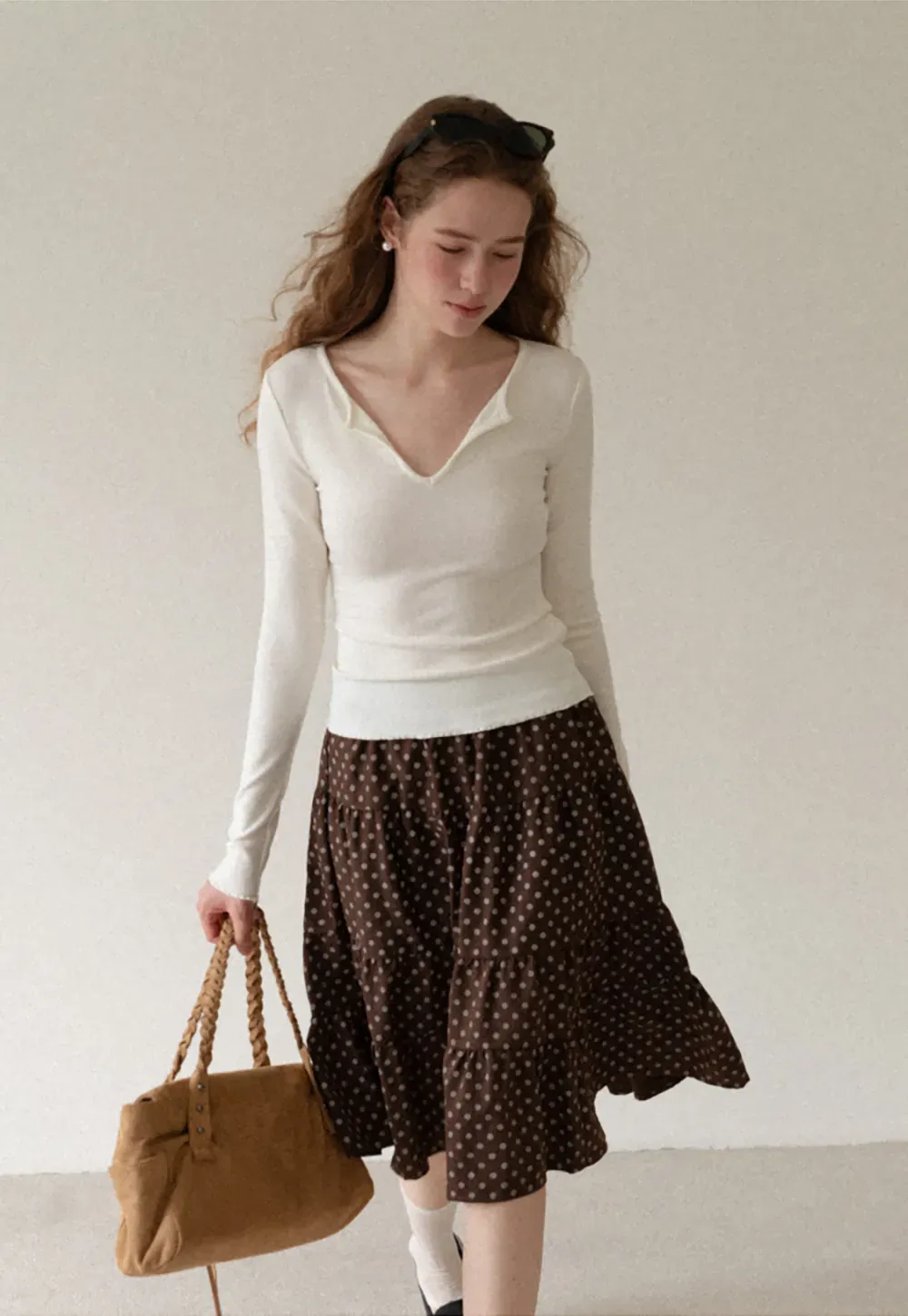 V Neck Long Sleeve Ribbed Knit Top