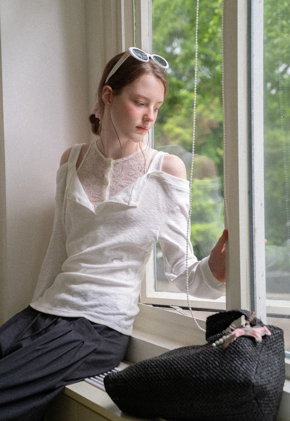 Cold Shoulder Lace Trim Layered Top Tshirt