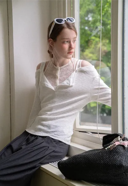 Cold Shoulder Lace Trim Layered Top Tshirt