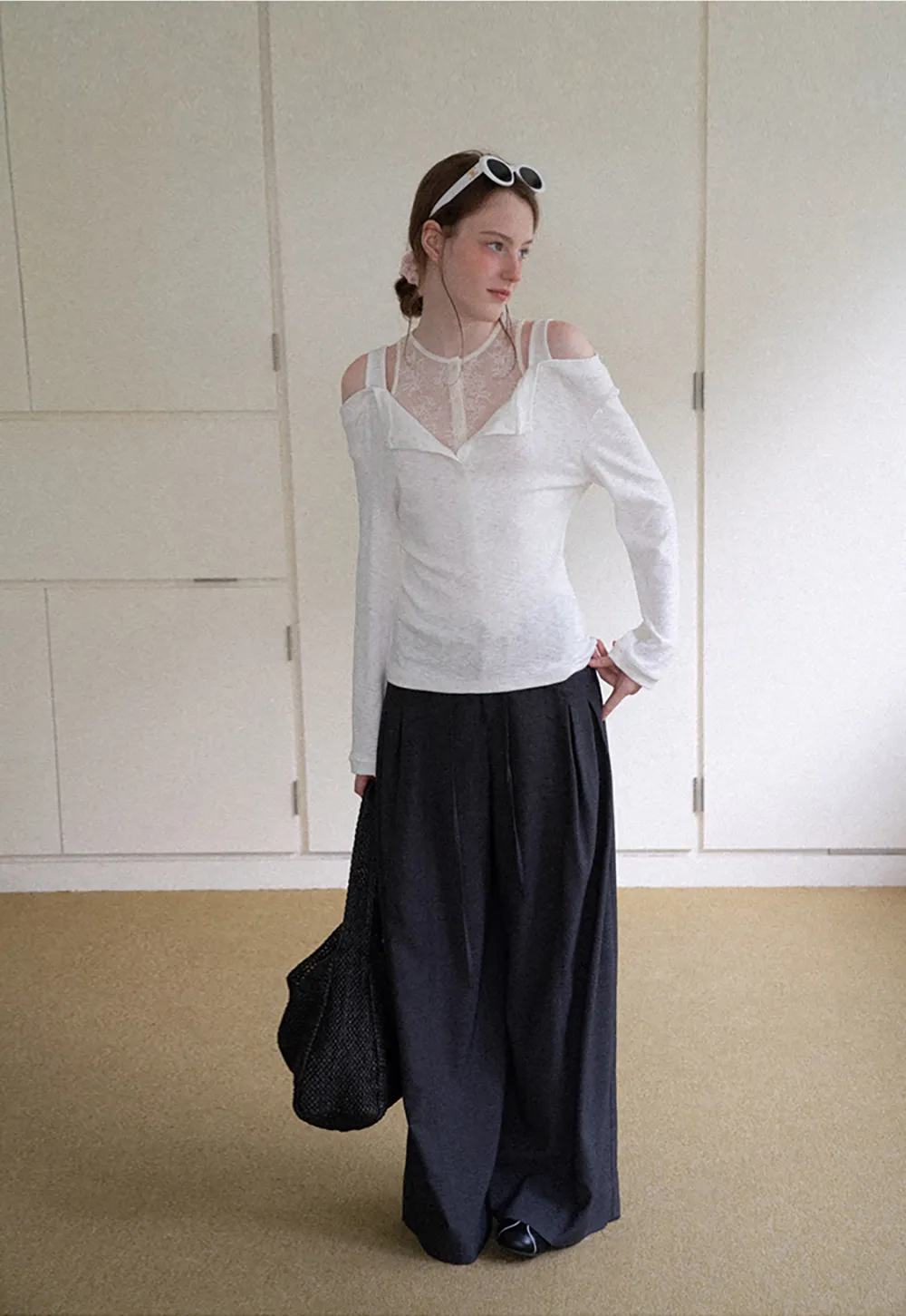 Cold Shoulder Lace Trim Layered Top Tshirt