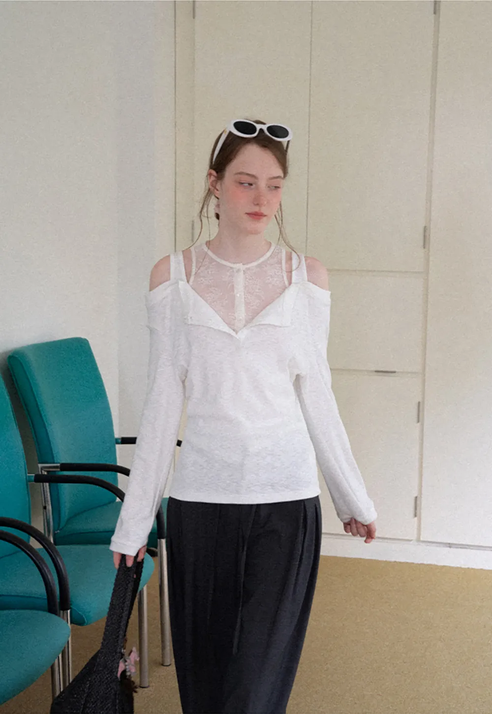 Cold Shoulder Lace Trim Layered Top Tshirt