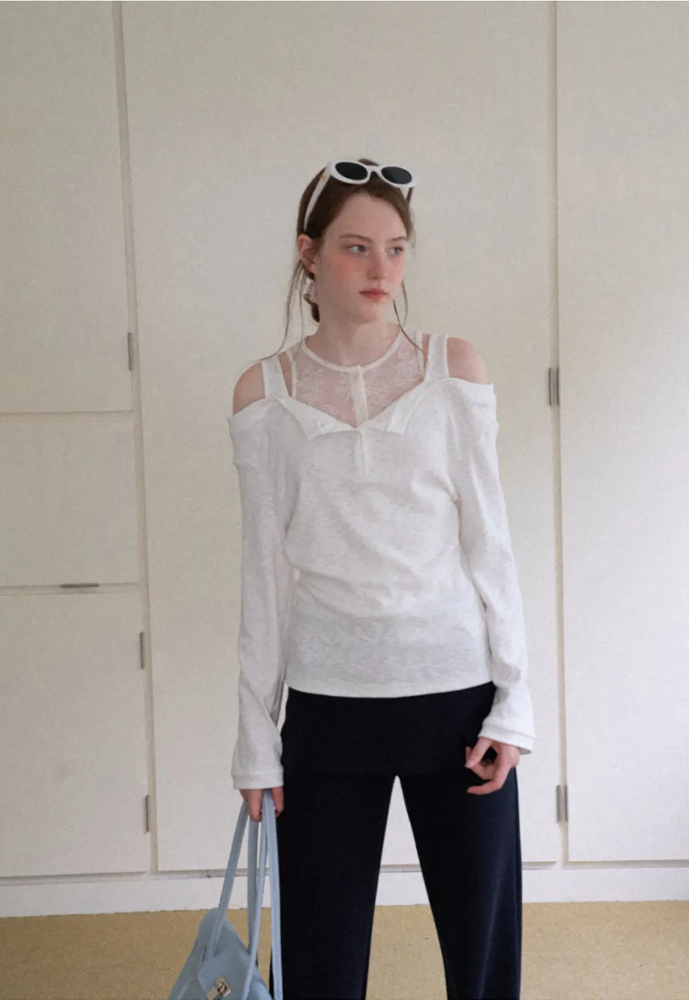 Cold Shoulder Lace Trim Layered Top Tshirt