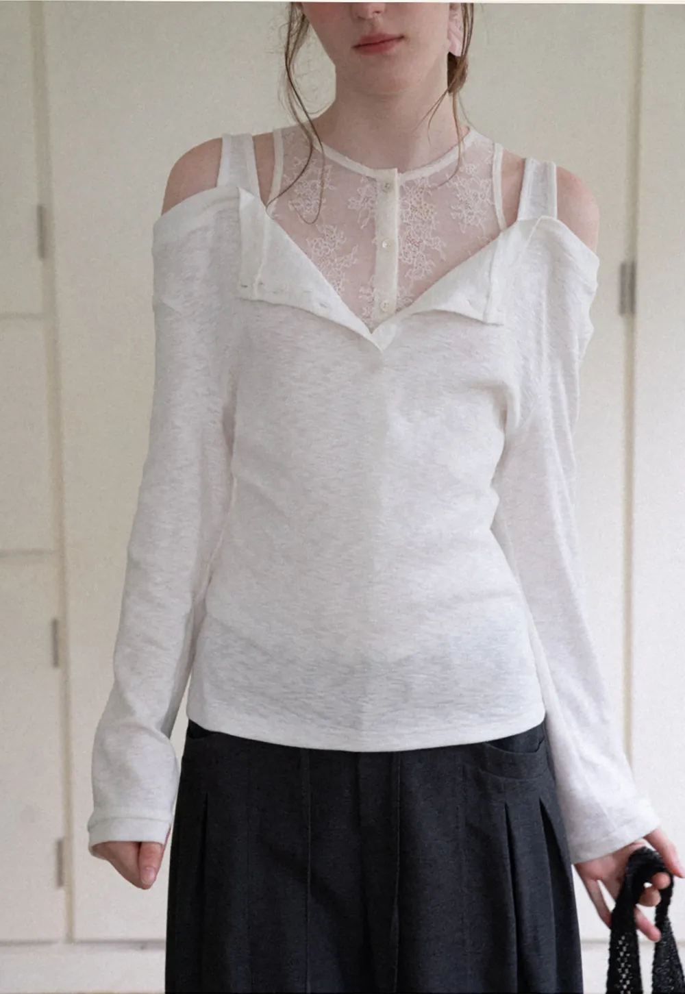 Cold Shoulder Lace Trim Layered Top Tshirt