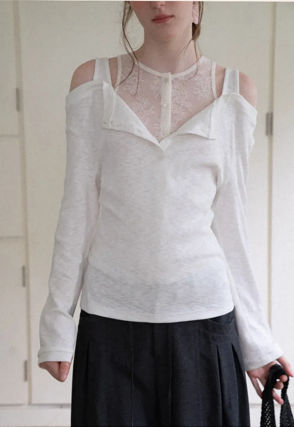 Cold Shoulder Lace Trim Layered Top Tshirt