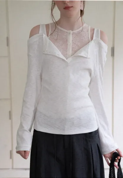 Cold Shoulder Lace Trim Layered Top Tshirt