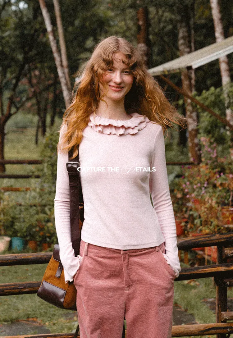 Ruffled Collar Long Sleeve Knit Top