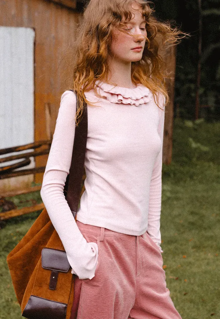 Ruffled Collar Long Sleeve Knit Top