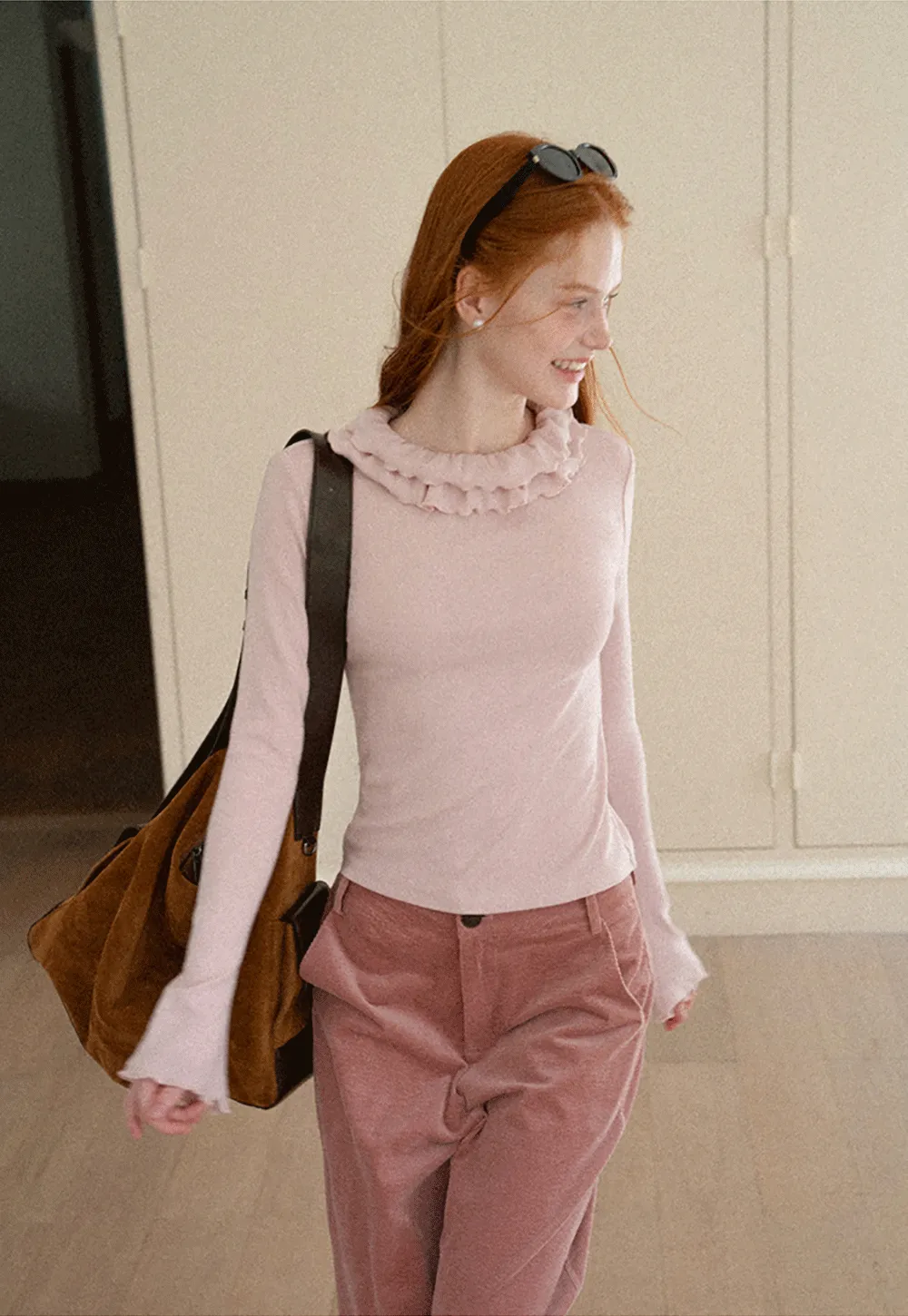 Ruffled Collar Long Sleeve Knit Top