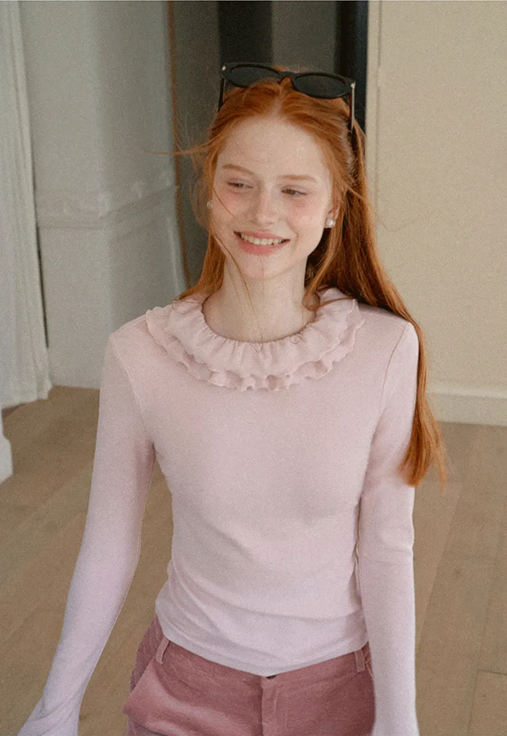Ruffled Collar Long Sleeve Knit Top