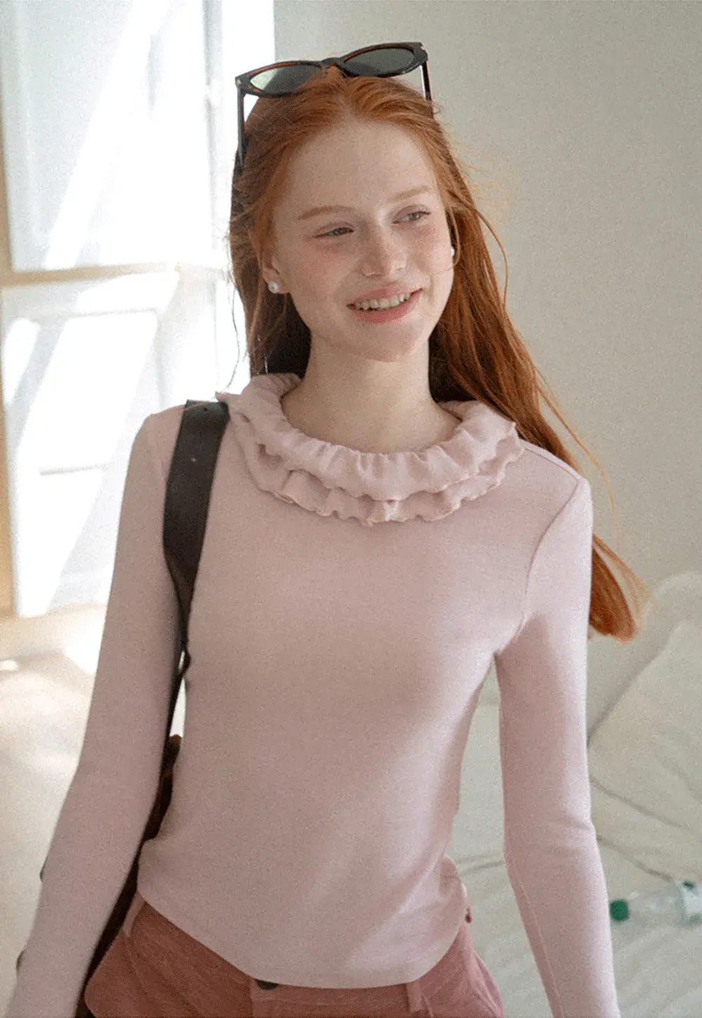 Ruffled Collar Long Sleeve Knit Top