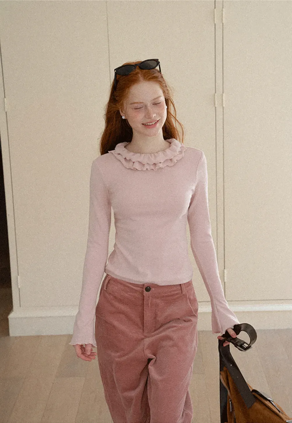 Ruffled Collar Long Sleeve Knit Top