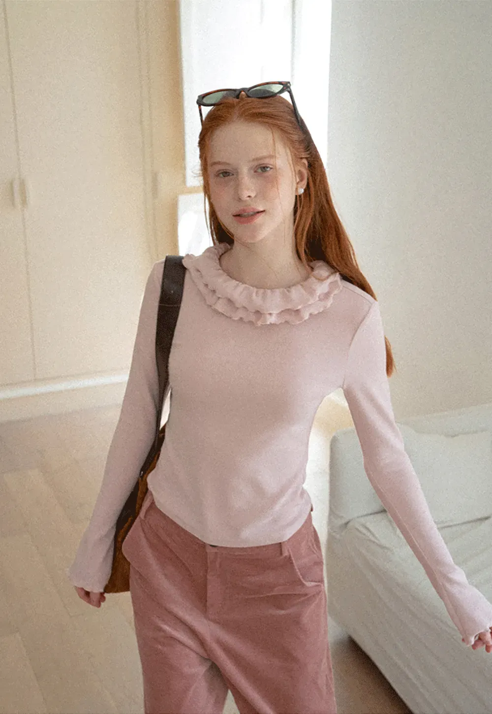 Ruffled Collar Long Sleeve Knit Top