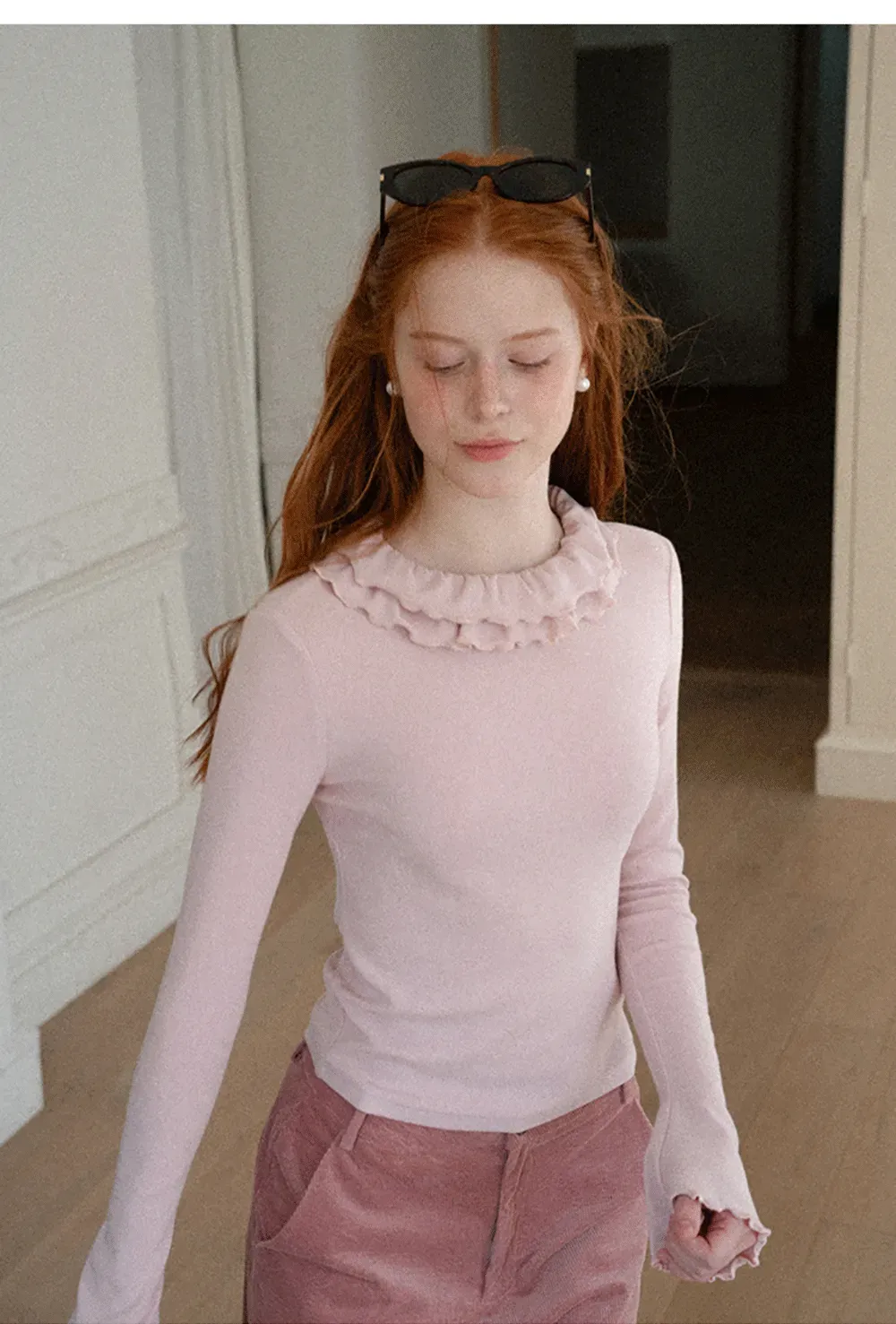 Ruffled Collar Long Sleeve Knit Top