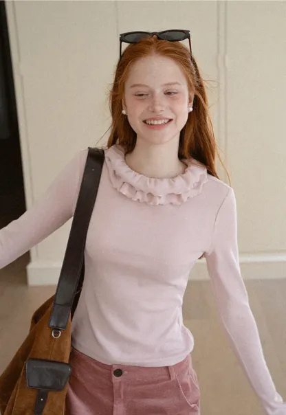 Ruffled Collar Long Sleeve Knit Top