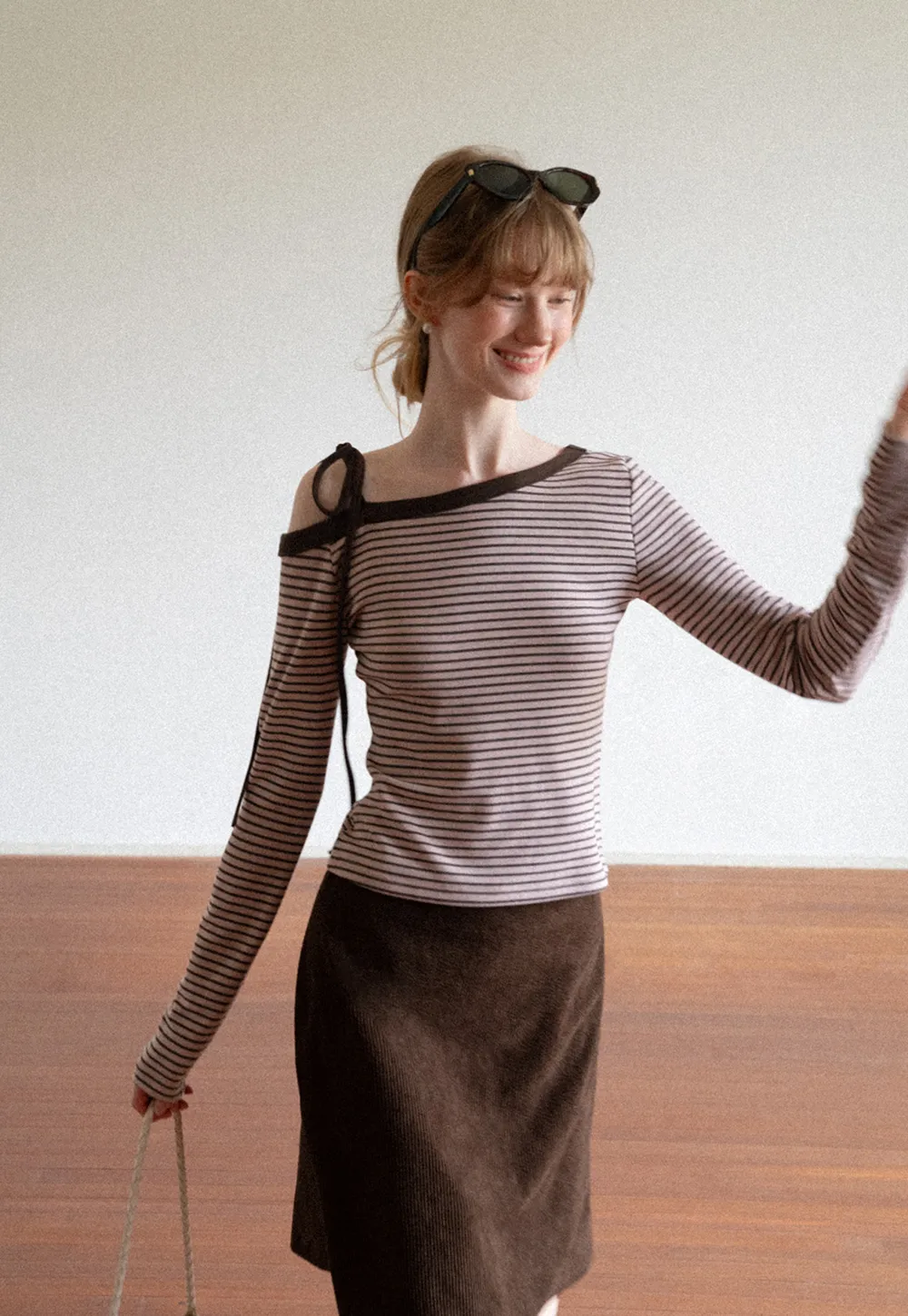 Asymmetrical Strap Ribbed Long Sleeve Top