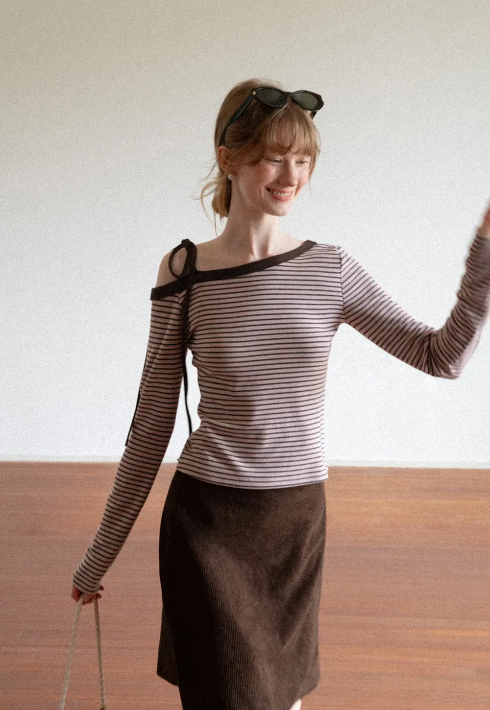 Asymmetrical Strap Ribbed Long Sleeve Top