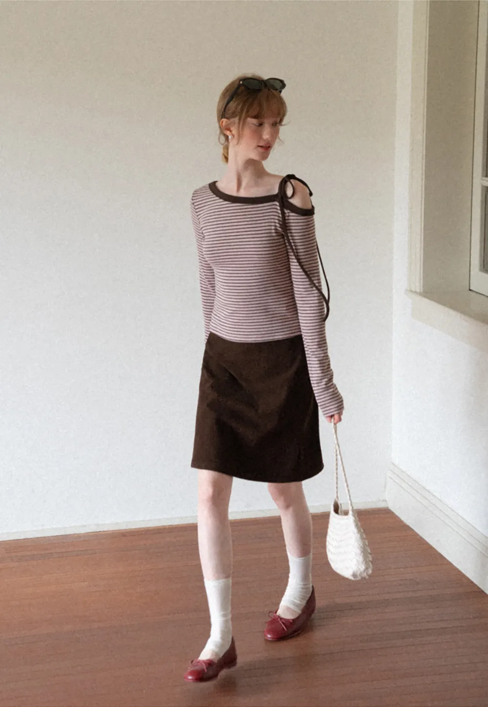 Asymmetrical Strap Ribbed Long Sleeve Top