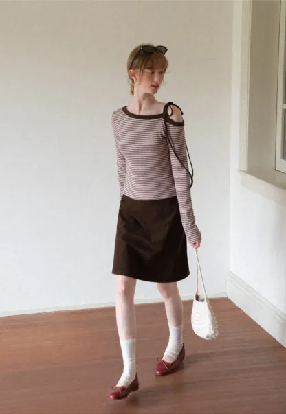 Asymmetrical Strap Ribbed Long Sleeve Top