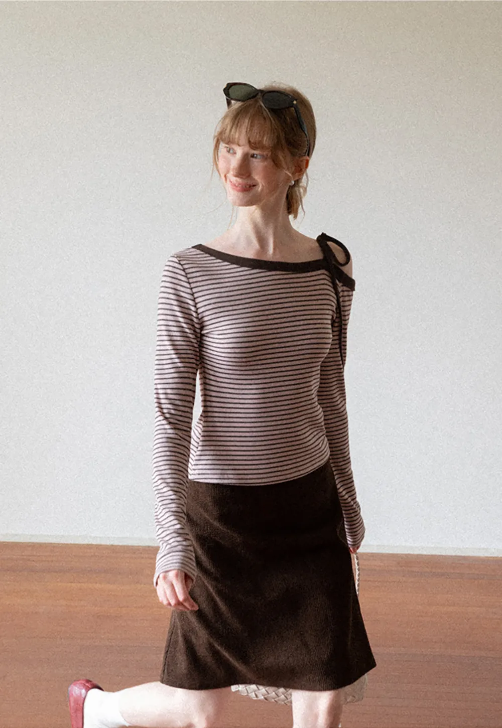 Asymmetrical Strap Ribbed Long Sleeve Top