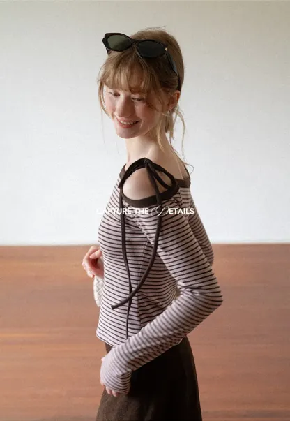 Asymmetrical Strap Ribbed Long Sleeve Top