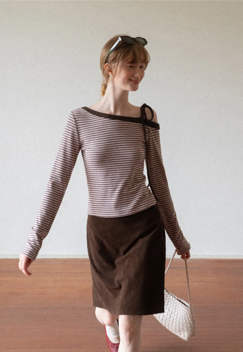 Asymmetrical Strap Ribbed Long Sleeve Top
