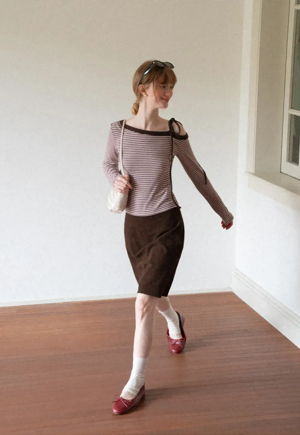Asymmetrical Strap Ribbed Long Sleeve Top