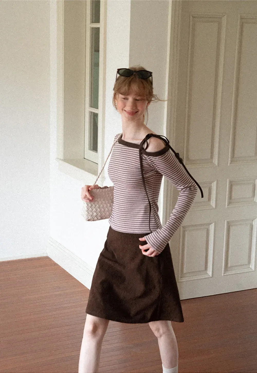 Asymmetrical Strap Ribbed Long Sleeve Top