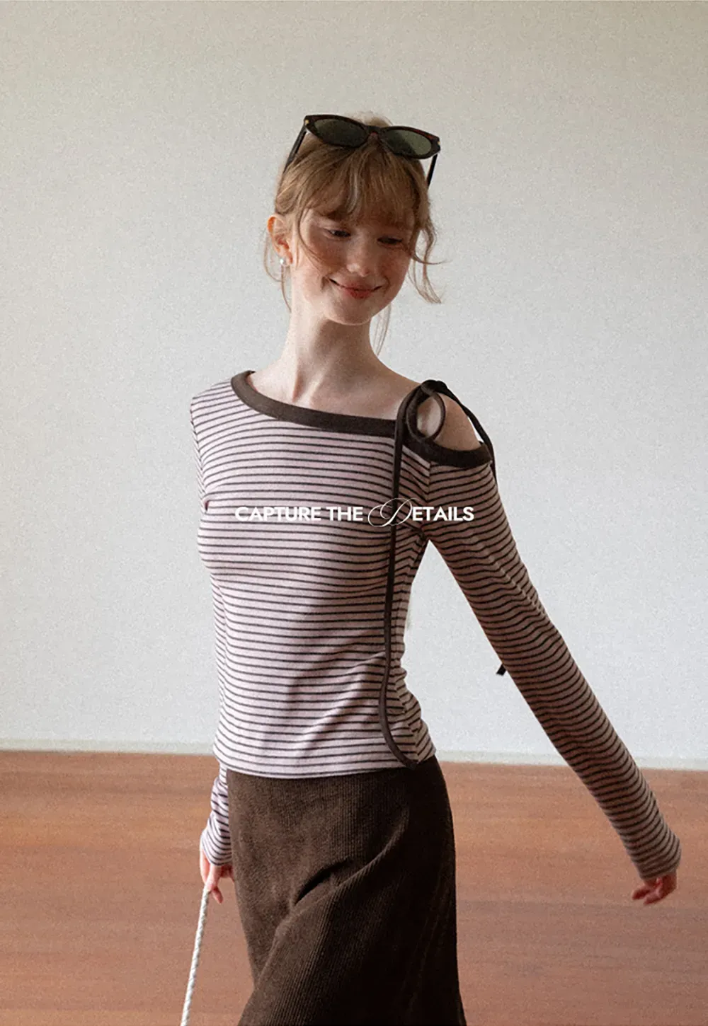 Asymmetrical Strap Ribbed Long Sleeve Top