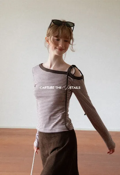 Asymmetrical Strap Ribbed Long Sleeve Top
