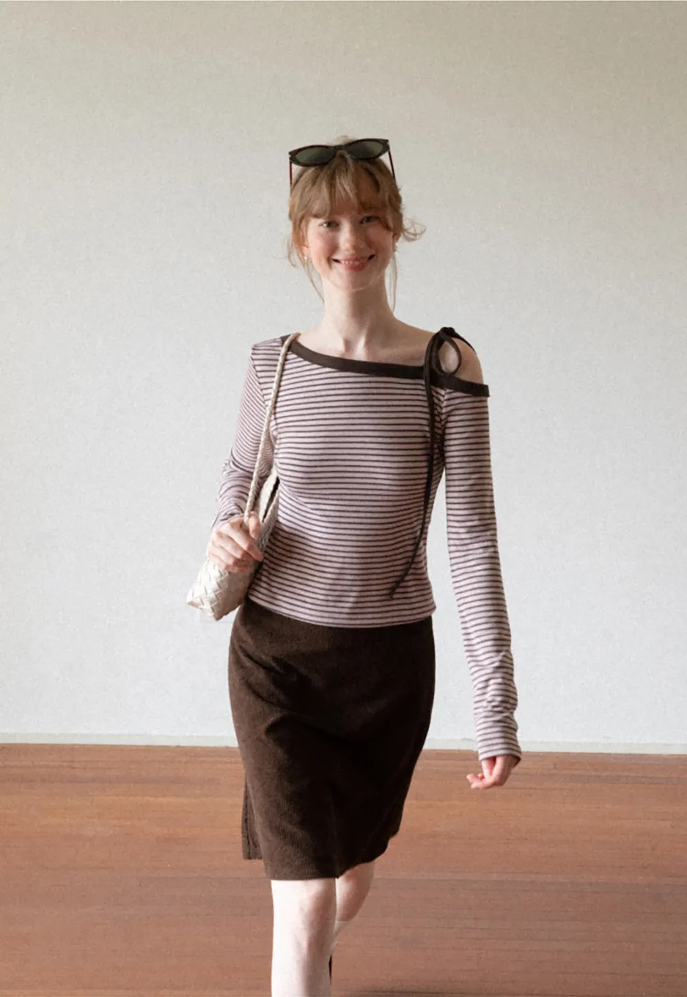 Asymmetrical Strap Ribbed Long Sleeve Top