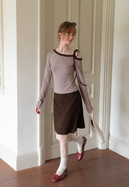 Asymmetrical Strap Ribbed Long Sleeve Top