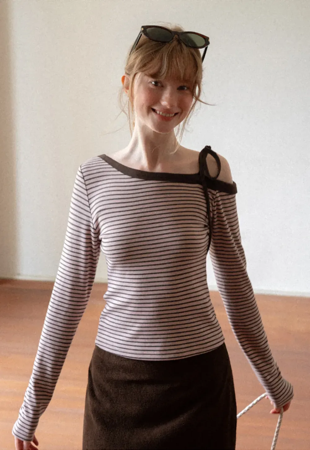 Asymmetrical Strap Ribbed Long Sleeve Top
