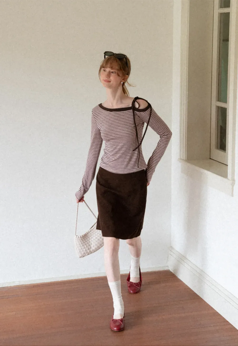 Asymmetrical Strap Ribbed Long Sleeve Top