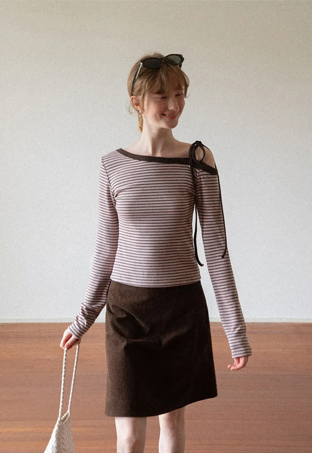 Asymmetrical Strap Ribbed Long Sleeve Top