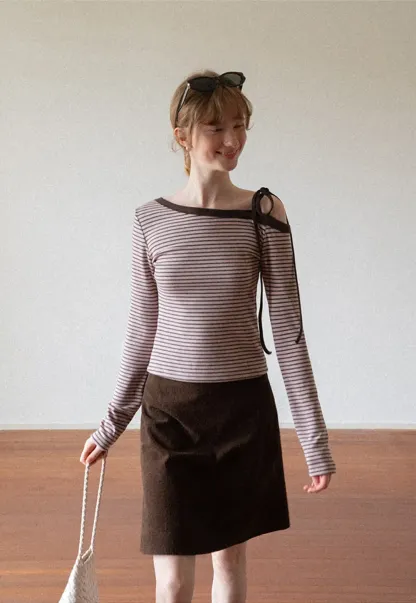 Asymmetrical Strap Ribbed Long Sleeve Top