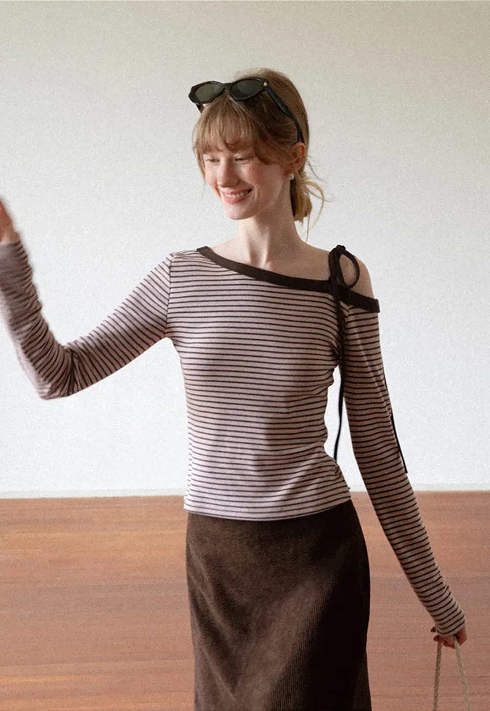 Asymmetrical Strap Ribbed Long Sleeve Top
