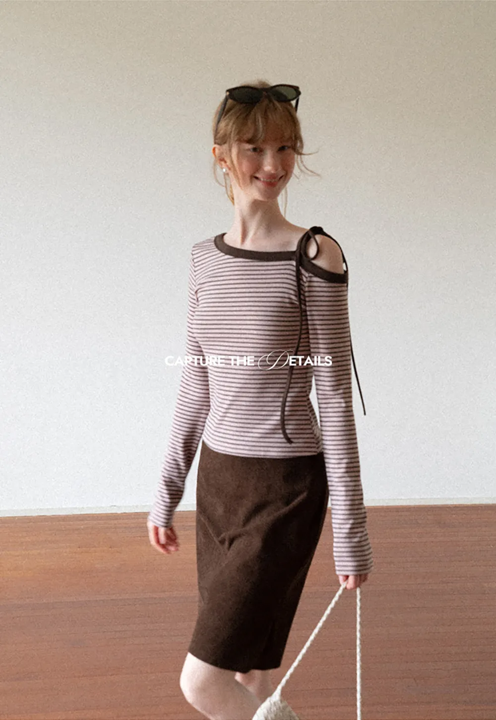 Asymmetrical Strap Ribbed Long Sleeve Top