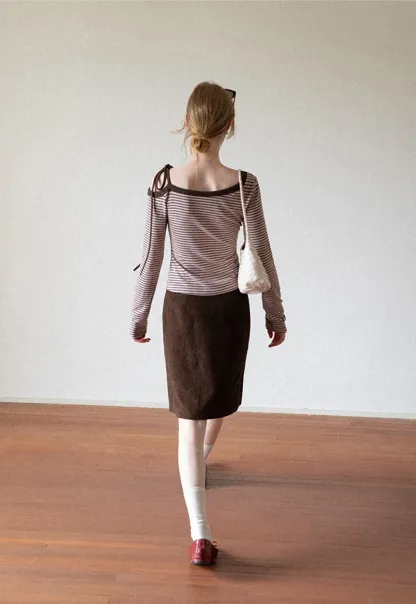 Asymmetrical Strap Ribbed Long Sleeve Top