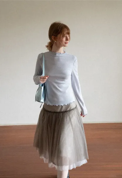 Scalloped Hem Long Sleeve Knit Top
