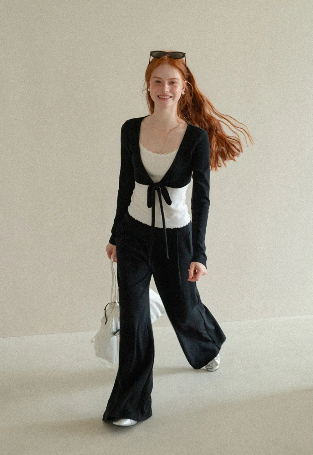 V Neck Tie Front Knit Top and Wide Leg Casual Pants