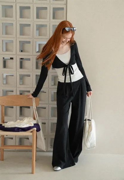 V Neck Tie Front Knit Top and Wide Leg Casual Pants