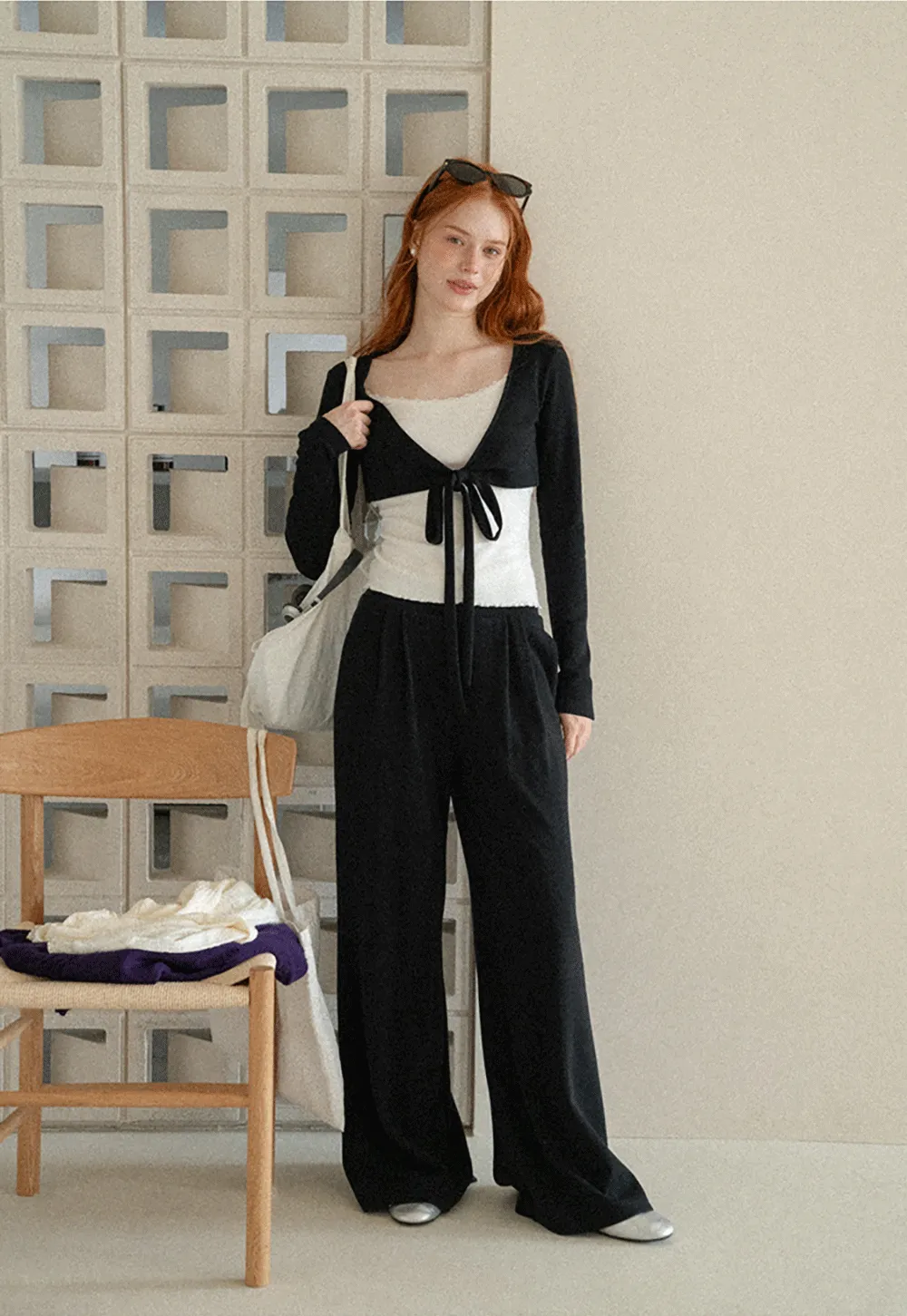 V Neck Tie Front Knit Top and Wide Leg Casual Pants