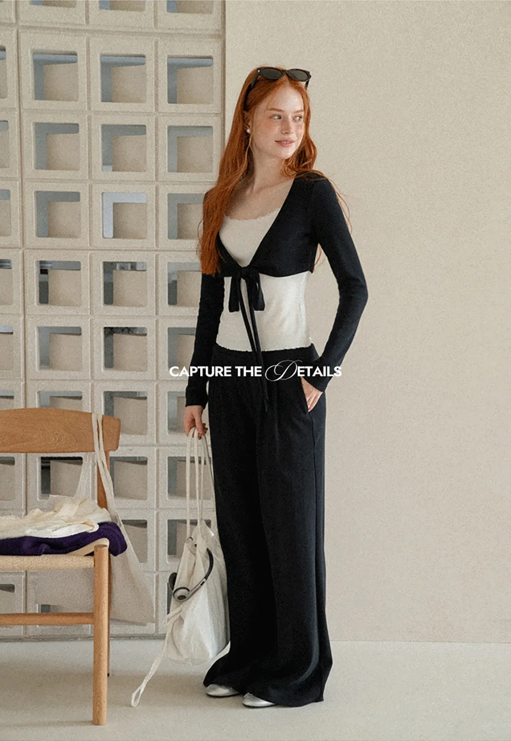 V Neck Tie Front Knit Top and Wide Leg Casual Pants