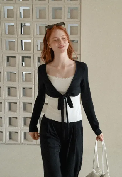 V Neck Tie Front Knit Top and Wide Leg Casual Pants